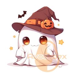 a ghost with a hat and pumpkin on it's head, sitting in front of stars