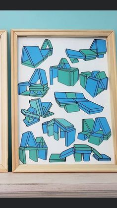 two framed pictures with blue and green shapes on them