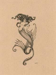 a black and white drawing of a mermaid with long hair sitting on top of a wave