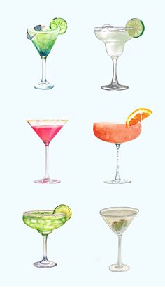 four different types of cocktails are shown in watercolor on a light blue background