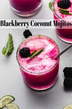 blackberry coconut mojitos with limes and blackberries on the rim, garnished with mint