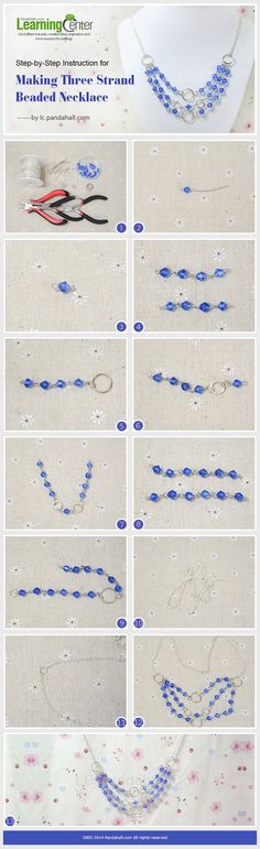 the instructions for making beaded necklaces are shown in blue and white beads, along with