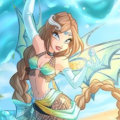 a woman dressed as a mermaid with long hair and braids standing in the water