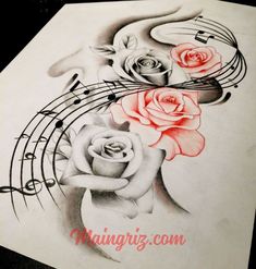 a drawing of roses and music notes on paper