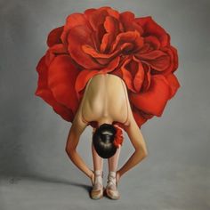 a painting of a woman bending over with a large flower on her head in front of her