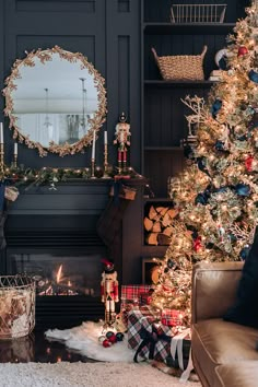 an instagram with a christmas tree and fireplace