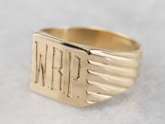 This signet ring features a striking monogram: "WBP" in a bold block font with engraved shading for that classic vintage look! The shoulders have a grooved finish that catches the light beautifully and makes this unisex style ring quite stylish. Please note that this signet ring has its original monogram, unfortunately, this piece cannot be altered without affecting the quality of the piece, please feel free to contact us to help you find your perfect signet ring in your style and budget! Metal: Engraved Signet Ring, Ring Initial, Block Font, Block Fonts, Monogram Ring, Cameo Ring, Gold Engraving, Initial Ring, Gold Top