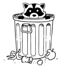 a raccoon sitting in a trash can