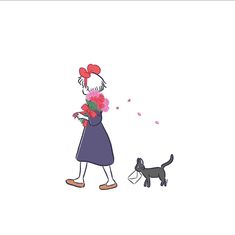 a drawing of a woman walking her dog with flowers in her hand and a cat on the other side