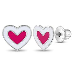 Adorned in delicate pink hues, these charming earrings for girls are expertly crafted from 925 sterling silver. Featuring enchanting pink and white enamel hearts, these small safety screw back earrings ensure both style and security. The safety screw back mechanism ensures they stay comfortably in place, making them a lovely choice for your young girl. This pair of heart earrings serves as a meaningful gift for a loved one and comes neatly packaged in its own little gift box for your convenience. Age Group: Lovely for Toddlers and Girls; Safe for Sensitive Ears 925 Sterling Silver Earring Size: 8mm W x 7mm H Heart; 8mm Threaded Post Main Colors: Pink and White Enamel Metal Stamp: 925 Gift Box Included Heart Jewelry Set, Place Making, Girls Jewelry Box, Earrings For Girls, Kids Earrings, Kids Necklace, Cute Heart, Pink Jewelry, Heart For Kids