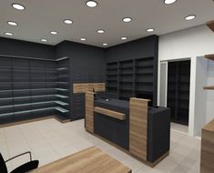 the interior of a retail store with shelves and desks in black and white colors