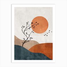 a painting with an orange sun in the background