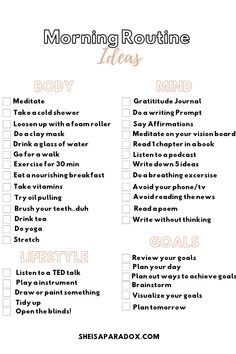 a printable morning routine list with the words, body and mind written in it