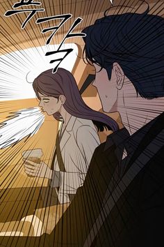 an anime scene with two people looking at each other