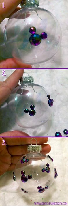 two pictures showing how to make a christmas ornament with beads and glitters