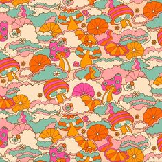 an abstract pattern with umbrellas and clouds in pink, blue, orange and green