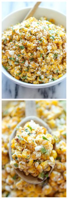 corn salad in a white bowl with a wooden spoon on the side and an image of it