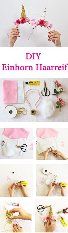 the instructions for how to make an unicorn hairpiece with paper flowers and ribbon on it