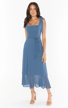 Check out Claire Midi Dress. Get $10 off + free shipping with Club Mumu. Tea Length Bridesmaid Dress, Slate Blue Bridesmaid Dresses, Steel Blue Bridesmaid Dresses, Garden Wedding Dress Guest, Light Blue Midi Dress, Blue Wedding Guest Dresses, Dusty Blue Dress, Maternity Dress Outfits, Flowy Midi Skirt