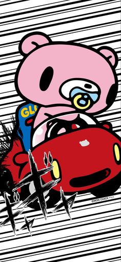 a drawing of a pink bear driving a red car with spikes on it's head