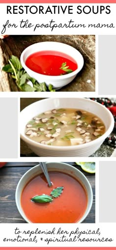 four different types of soups with the title overlaying them in red and white