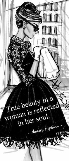 a black and white drawing of a woman in a dress with a quote on it