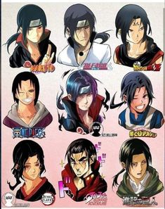 some anime characters with different expressions on their faces and hair, all in different colors