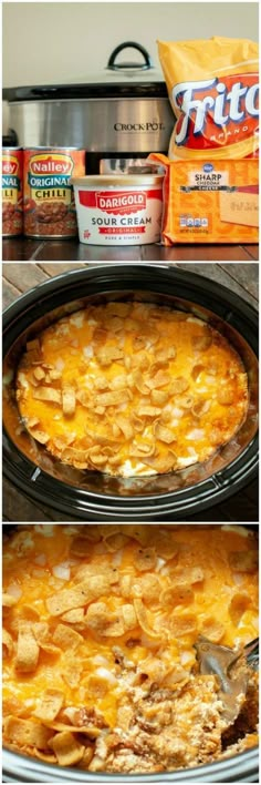 three pictures showing how to make an enchilada casserole in the crock pot