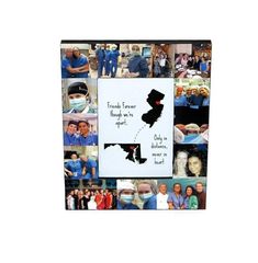 a collage of photos with people in blue shirts and hats on them, including the state of new york