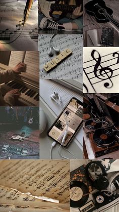 a collage of musical instruments and music notes