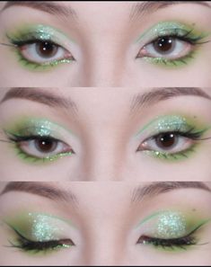 green eye makeup Tinkerbell Makeup, Fairy Eye Makeup, Colourful Eyeshadow, Green Eye Makeup, Everyday Eyeshadow, Alien Makeup, Korea Makeup, Piercing Inspo