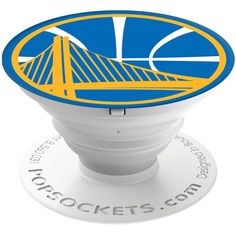 a golden state warriors popsock with the golden gate bridge in the background on a white surface