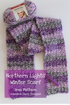 a crocheted scarf with the text, northern lights winter scarf free pattern