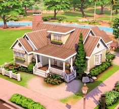 an artist's rendering of a house in the middle of a park with trees and flowers