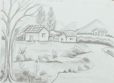 a pencil drawing of houses in the countryside