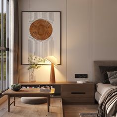 a bed room with a neatly made bed and a night stand next to a window