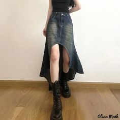 Olivia Mark - Elegant Retro-Style Maxi Dress with High Waist Patchwork Denim Skirt, Distressed Denim Skirt, Denim Chic, Denim Skirt Women, Neue Outfits, Long Skirts For Women, Style Maxi Dress, Types Of Skirts, Street Styles