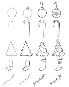 the christmas tree and stockings are drawn in black ink on white paper, with an orname