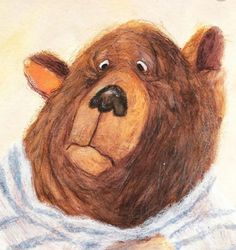 a drawing of a brown bear wearing a blue and white shirt