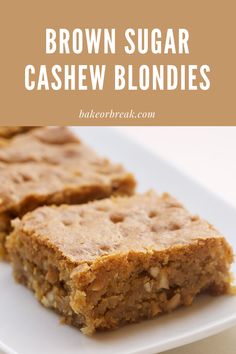 two pieces of brown sugar cashew blondies on a white plate with text overlay