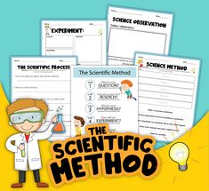 A cartoon scientist character stands next to the Scientific Method Activity Set from Wondermom Shop, featuring worksheets titled The Scientific Method, Science Observation, Experiment, and The Scientific Process. A lightbulb graphic in the corner illuminates the path for young scientists. Health And Physical Education, Kids Exploring