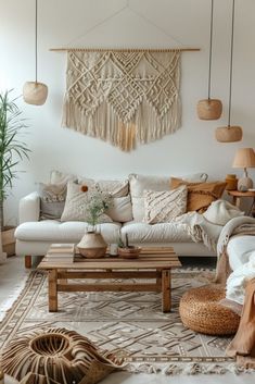 a living room filled with lots of furniture and decor on top of a white floor