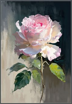 a painting of a pink rose with green leaves