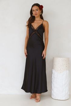 Length from bust to hem of size S: 126cm. Chest: 40cm, Waist: 38cm, across front only of size S. Maxi dress. Lined, unlined lace panels. Model is a standard XS and is wearing size XS. True to size. Non-stretch. V-neck. Lace details, unlined. Zipper. Cold hand wash only. Polyester. An ultra-romantic style! The Ultimate Love Satin Slip Maxi Dress features a silky satin design, lace panels and a straight flowy silhouette that we're in love with. Style with heels and curls for all the likes. Formal Spaghetti Strap Dress With Lace Trim, Formal Dresses With Spaghetti Straps And Lace Trim, V-neck Contrast Lace Slip Dress For Night Out, V-neck Lace Slip Dress With Lace Trim, Formal Spaghetti Strap Dress With Contrast Lace, Formal Lace Slip Dress With Lace Back, Evening Lace Slip Dress With Contrast Lace, Evening Slip Dress With Contrast Lace, Formal Lace Back Slip Dress