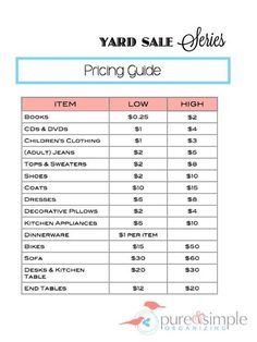 the yard sale pricing guide is shown