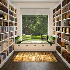 a room filled with lots of books on shelves next to a window sill covered in green and white pillows