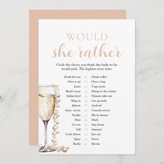 a card with the words would she rather? and a glass of wine on it