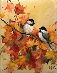 two birds are perched on a branch with autumn leaves in the foreground and an orange background