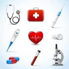 medical and health icons set - miscellaneous objects / symbols decoratively, such as heart, stethoscope, blood pressure meter