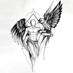 a drawing of an angel and a man with wings on his back, in black ink